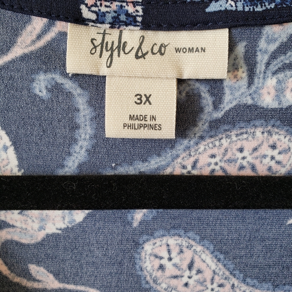 Style & Co. Navy Blue Floral Print Short Sleeve Peasant Top - Picture 2 of 4